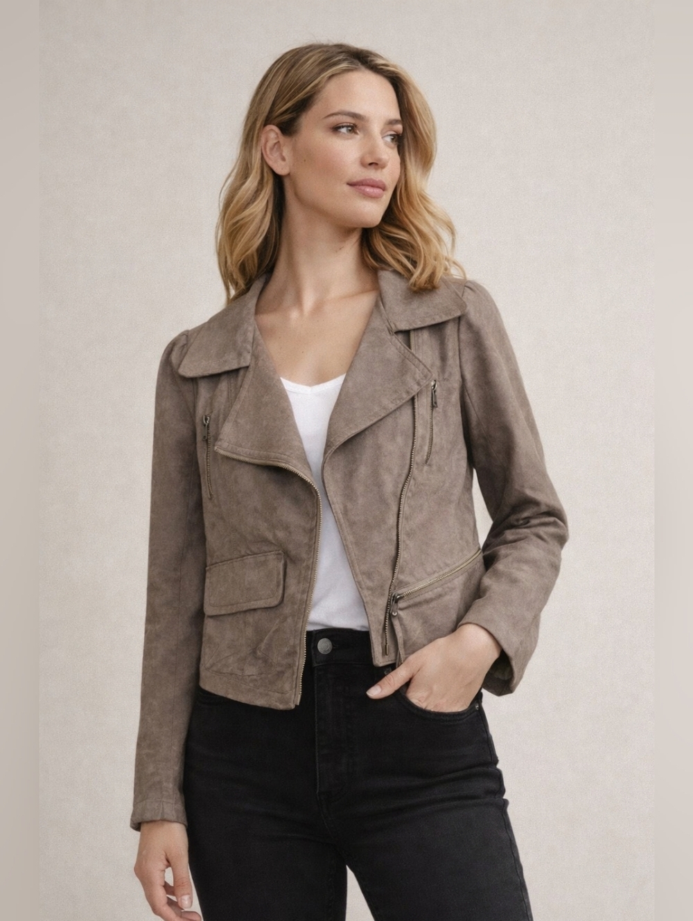 Ryu Anthropologie Taupe Faux Suede Moto Jacket Asym Zip Womens Size Large